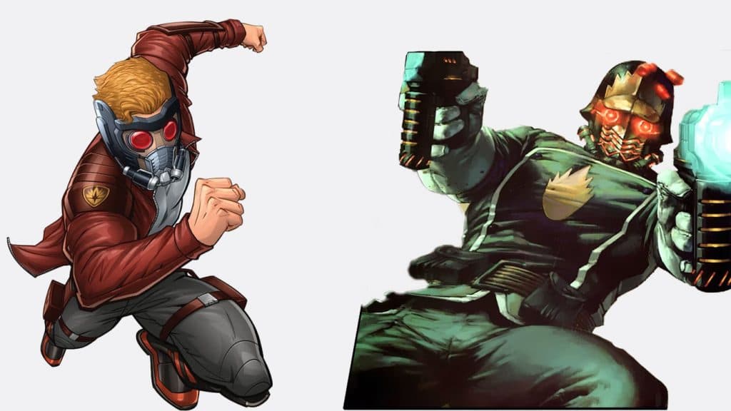 The classic Star Lord costume alongside Peter Quill's outfit in Dirty Dozen