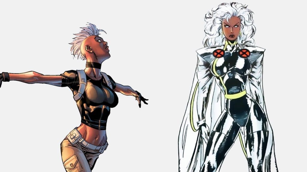 Mohawk Storm from Uncanny X-Men next to the classic white caped 1990s Storm costume.