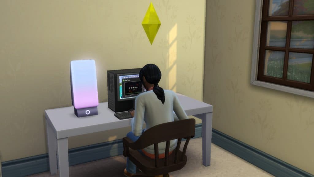 A screenshot featuring a Sim using a computer in The Sims 4.