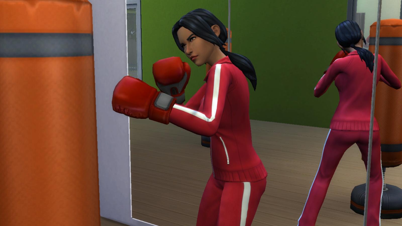 A screenshot featuring a Sim working out in The Sims 4.