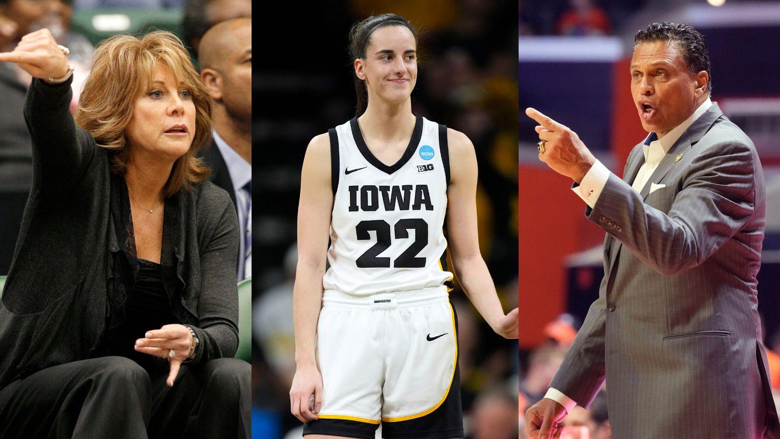 Nancy Lieberman (left), Caitlin Clark as a member of the Iowa Hawkeyes (center), and Reggie Theus (right).