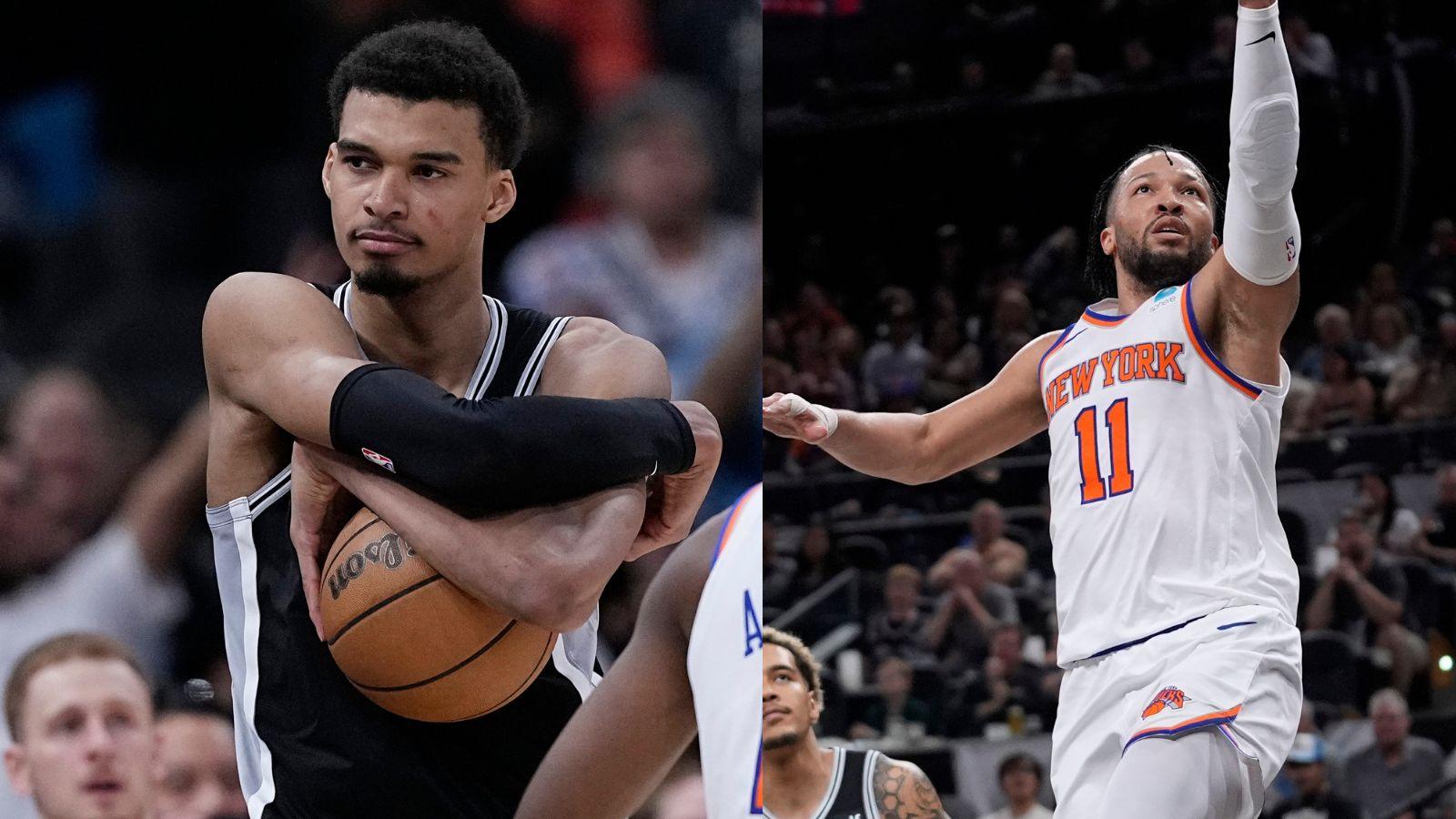 Victor Wembanyama (left) and Jalen Brunson (right) in the San Antonio Spurs' 130-126 win over the New York Knicks on 3/29/2024.
