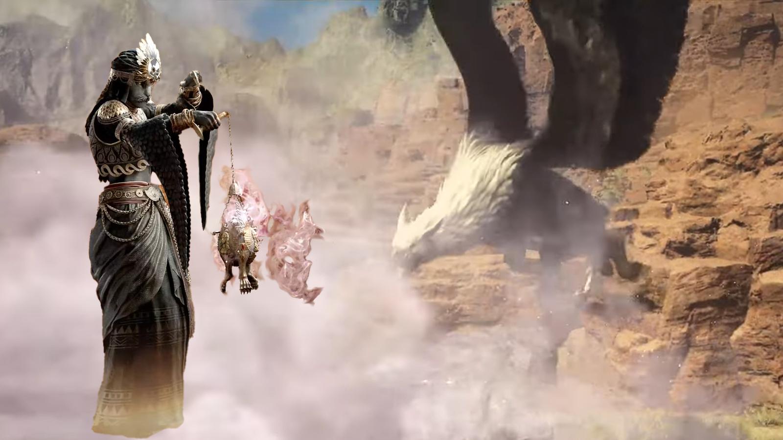 Promotional art of the Trickster Vocation from Dragon's Dogma 2 superimposed over a clip from the game's trailer.