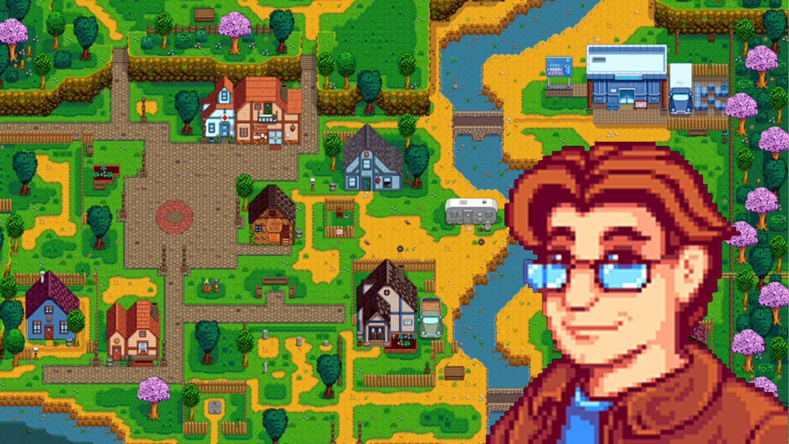 Pierre's portrait superimposed over a map of Pelican Town from Stardew Valley