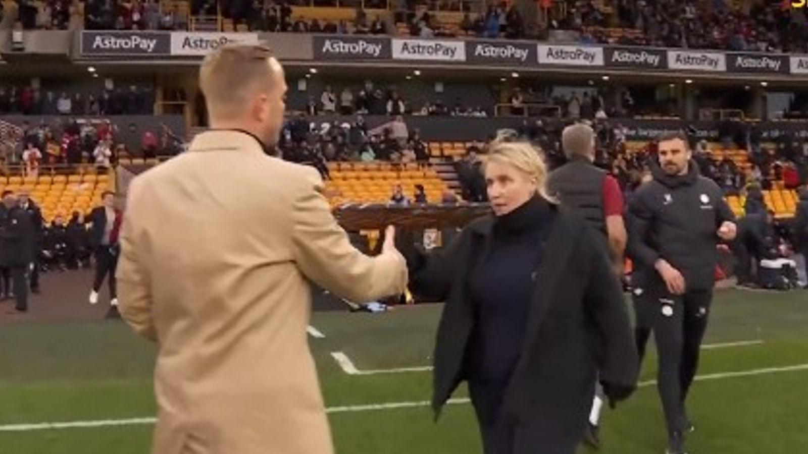 Chelsea Women's boss Emma Hayes appeared to shove Arsenal boss Jonas Eidevall at full-time in the Conti Cup final