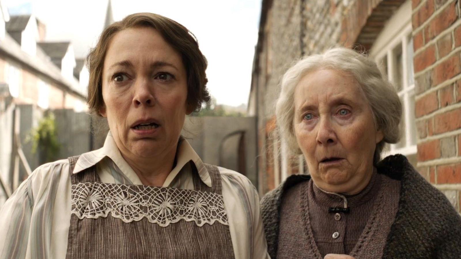 Olivia Colman and Gemma Jones in Wicked Little Letters as Edith and Victoria.