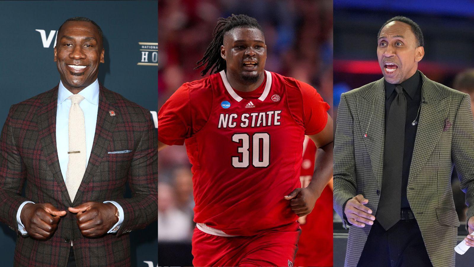 Shannon Sharpe (left) and DJ Burns Jr. as a member of the NC State Wolfpack (center) and Stephen A. Smith (right).