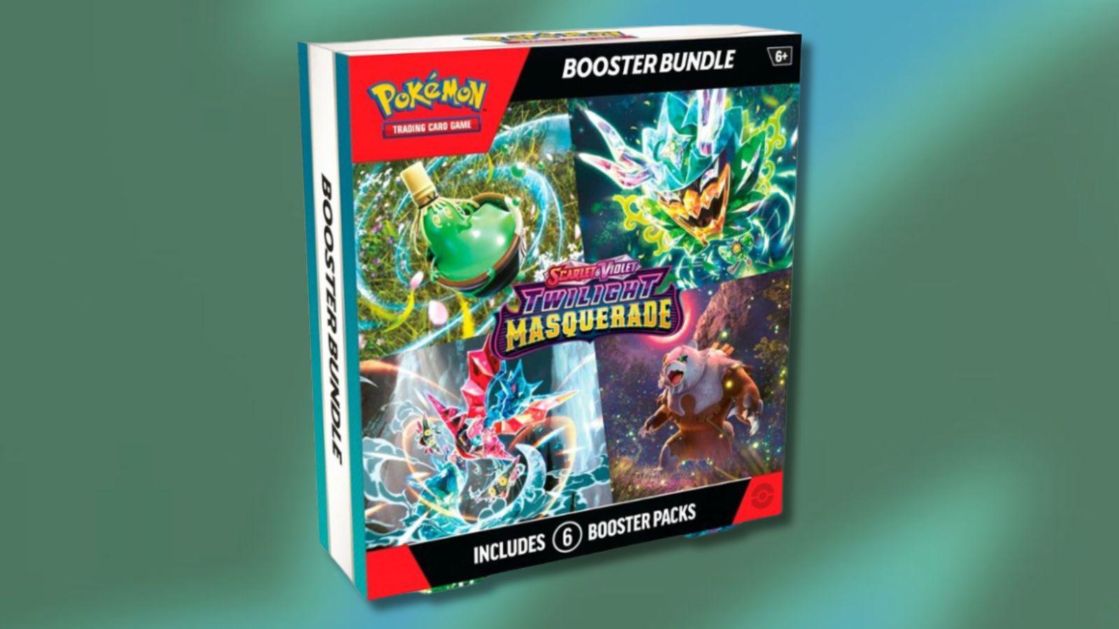 Twilight Masquerade Pokemon TCG booster bundle with blurry pattern background.
