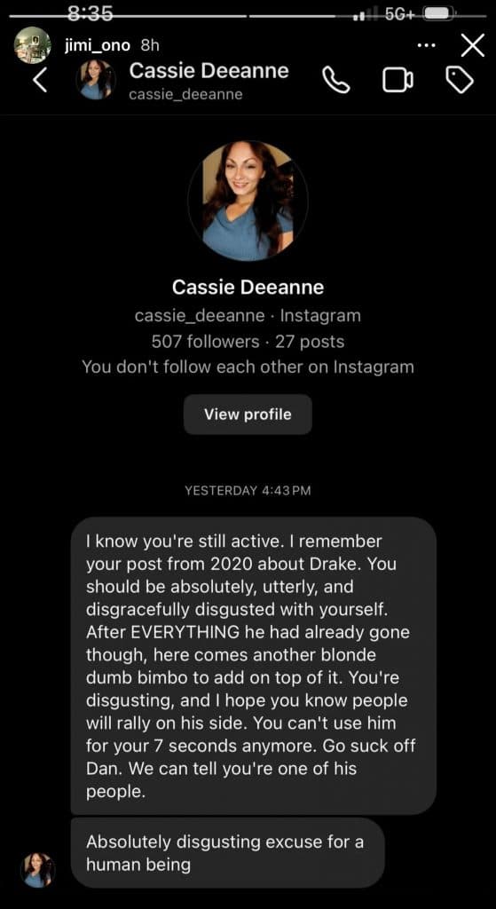 Lingafelt's Instagram Story showing a hateful message she received