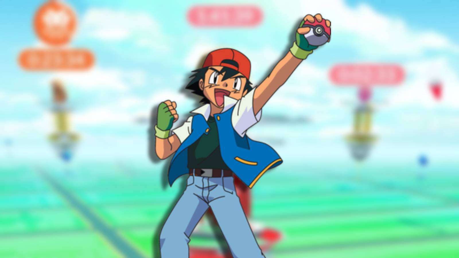 Ash Ketchum appears triumphant in front of a Pokemon Go Raid