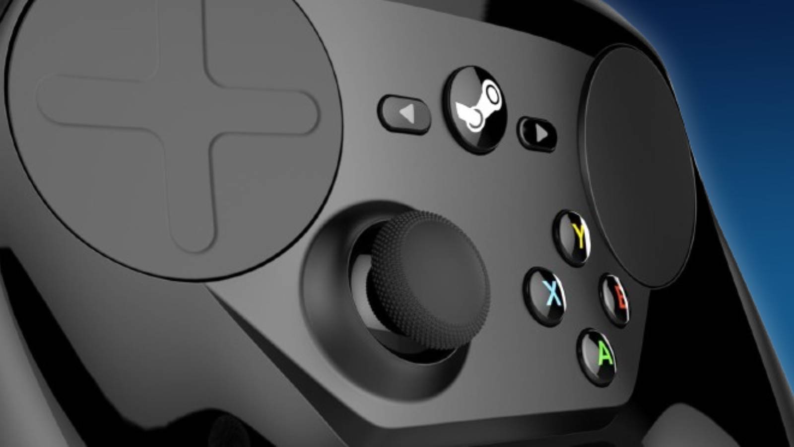 Image of the Steam Controller, with a blue gradient background.