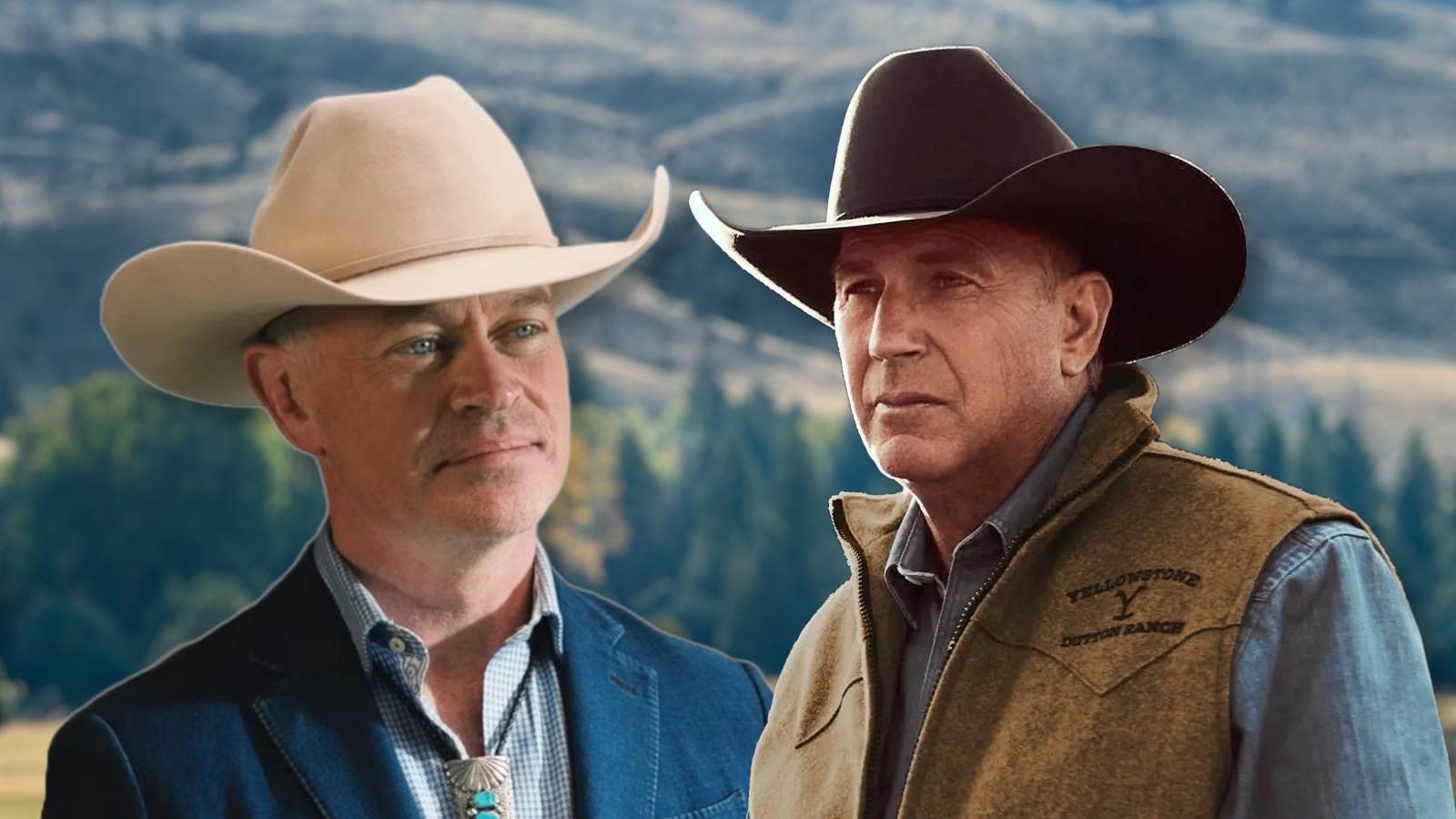 Yellowstone villains ranked: John Dutton and Malcolm Beck in front of the Yellowstone ranch background