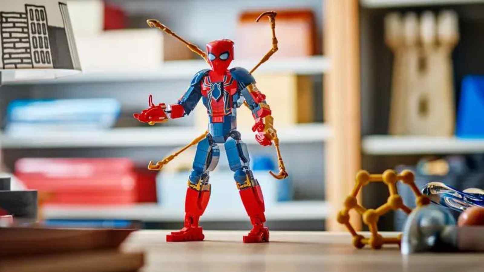 The LEGO Marvel Iron Spider-Man Construction Figure on display