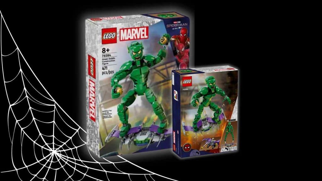 The LEGO Marvel Green Goblin on a black background with spider-web graphics