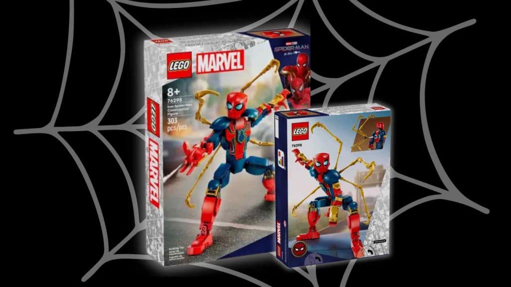 The LEGO Marvel Iron Spider-Man Construction Figure set on a black background with spider-web graphic