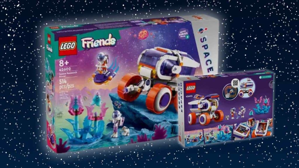 The LEGO Friends Space Research Rover on a galaxy background
