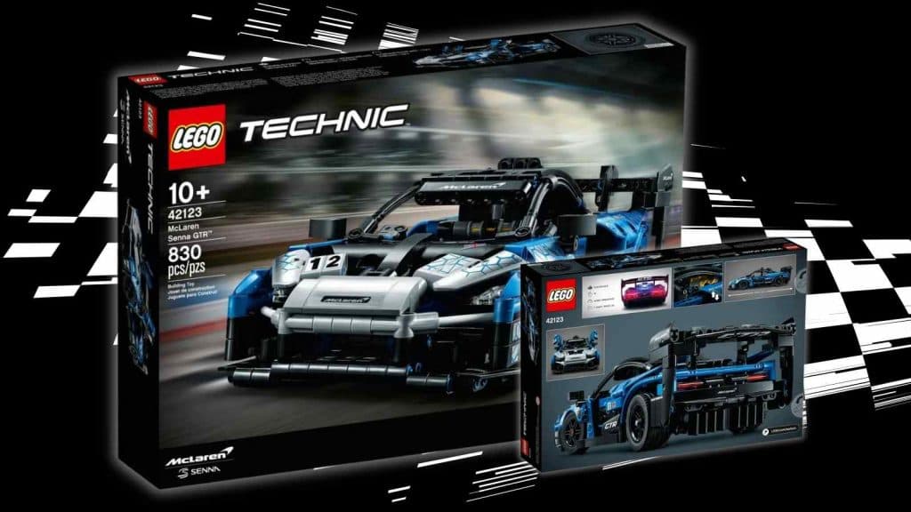 The LEGO Technic McLaren Senna GTR on a black background with racing graphics