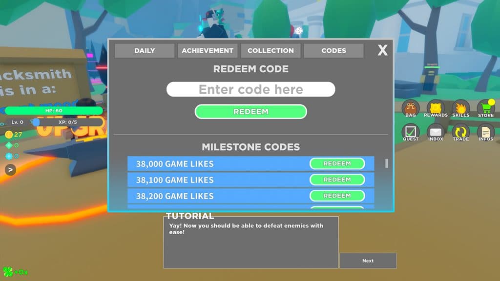 Redeeming codes in RPG Champions on Roblox