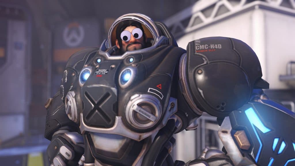 Overwatch 2's Reinhardt with April Fools Googly Eyes