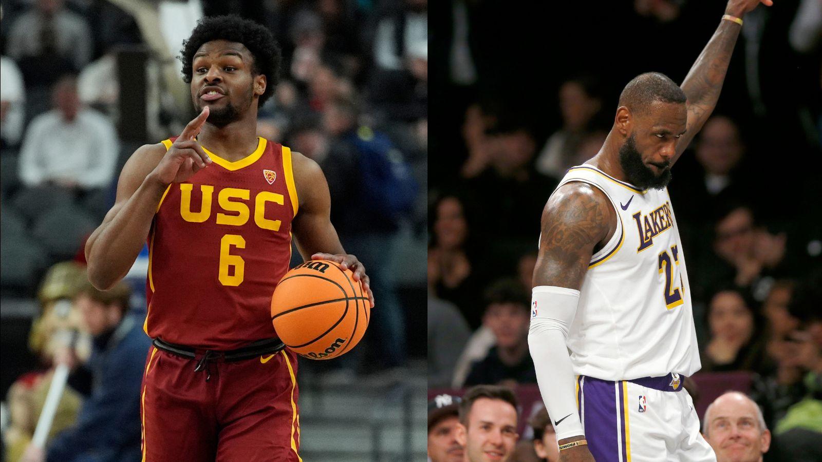 Bronny James as a member of the USC Trojans (left) and LeBron James as a member of the Los Angeles Lakers (right).