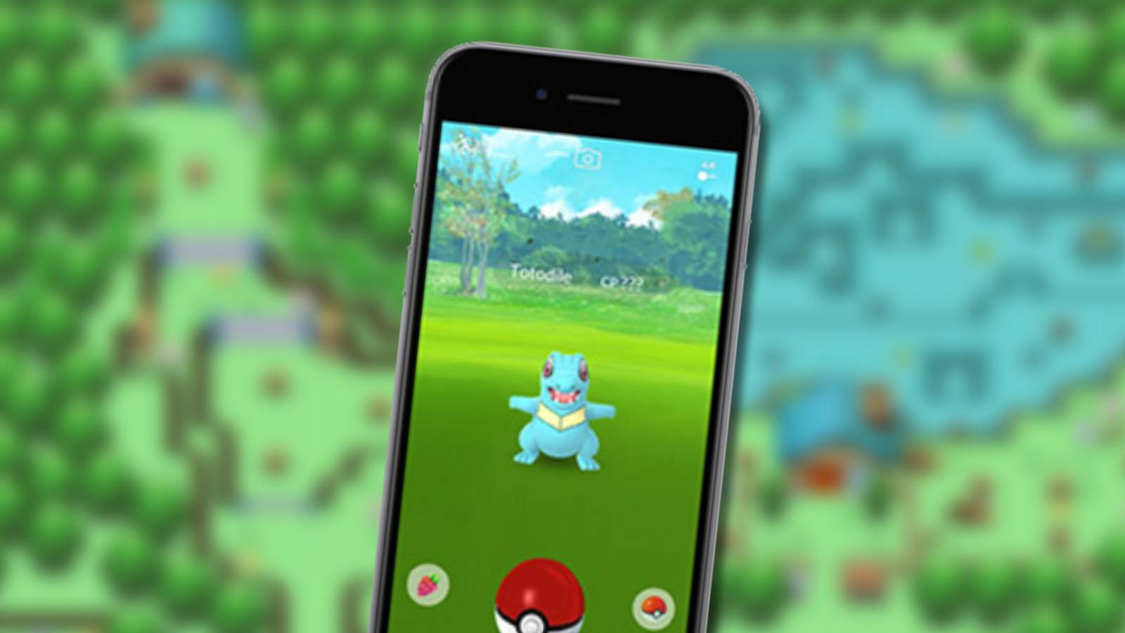 A phone appears with Pokemon Go on the screen, against a blurred background