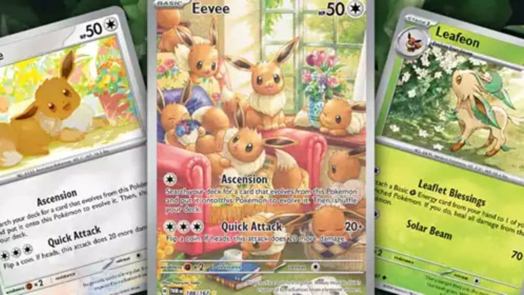 Three Pokemon cards are visible, with two focusing on Eevee, and the one on the right focusing on Leafeon