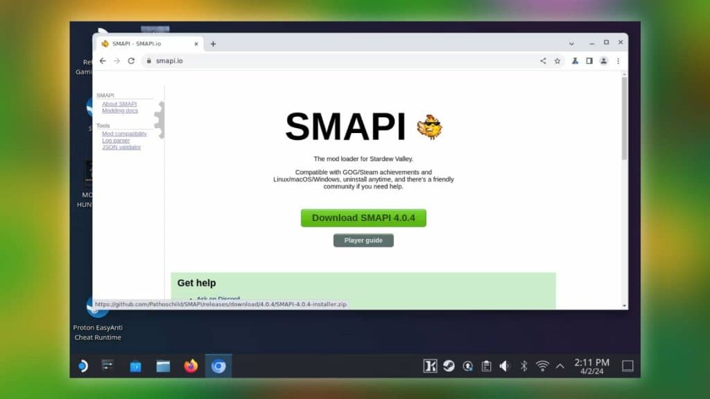 A screenshot of the SMAPI website running on desktop mode on the Steam Deck, on a blurred image from Stardew Valley.