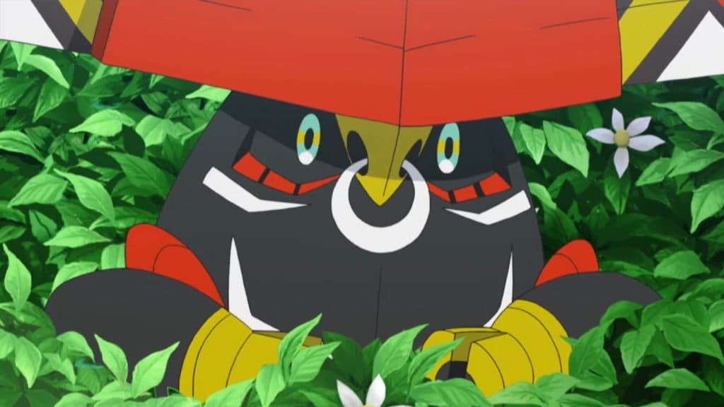 Tapu Bulu sitting in tree in Pokemon Sun and Moon anime.