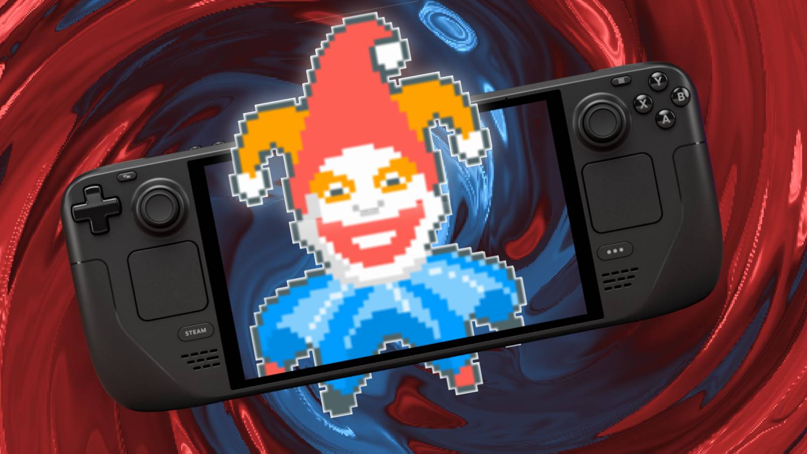 Image of a Joker from Balatro coming out of the screen of a Steam Deck.