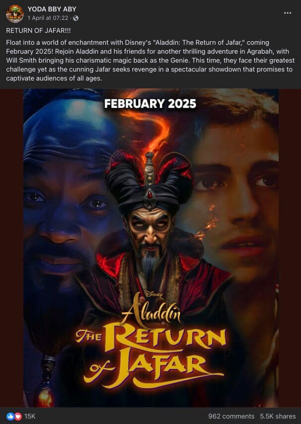 The fake poster for The Return of Jafar, a made-up sequel to the live-action Aladdin remake