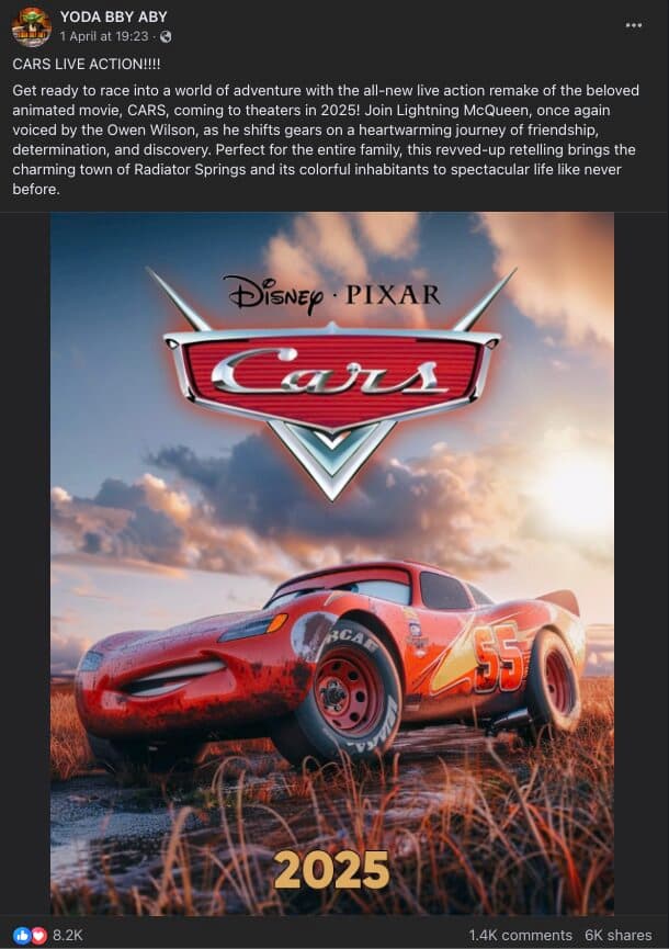 Lightning McQueen on the fake poster for the live-action Cars remake