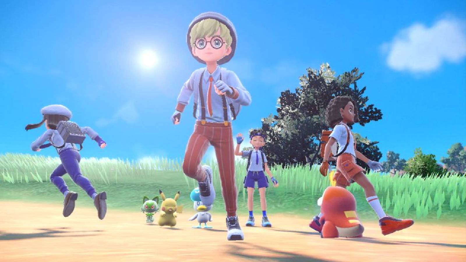 A Pokemon Scarlet and Violet Screenshot shows several trainers exploring outdoors