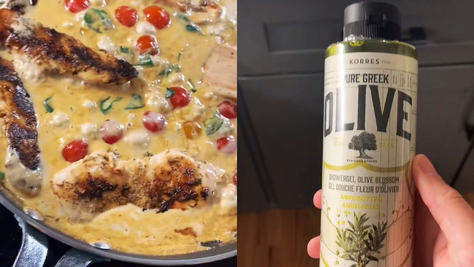 woman uses shower gel instead of olive oil while cooking