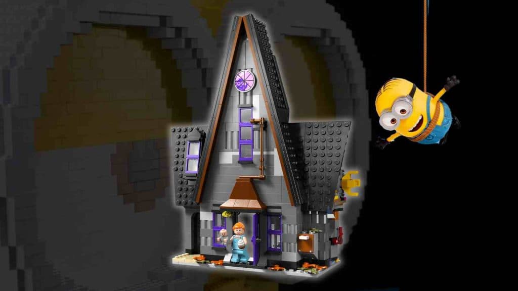 The LEGO Despicable Me 4 Minions and Gru's Family Mansion on a black background with Minion graphics