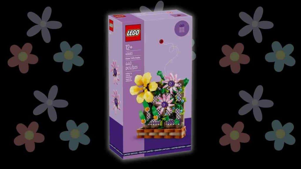The LEGO Flower Trellis Display on a black background with flower graphics