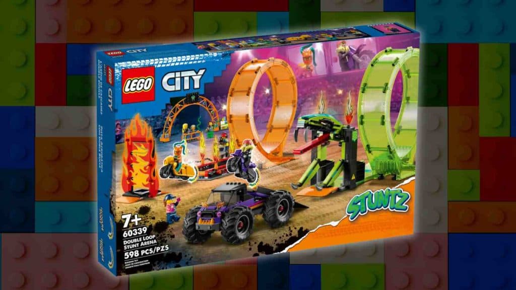 The LEGO City Double Loop Stunt Arena on a LEGO background