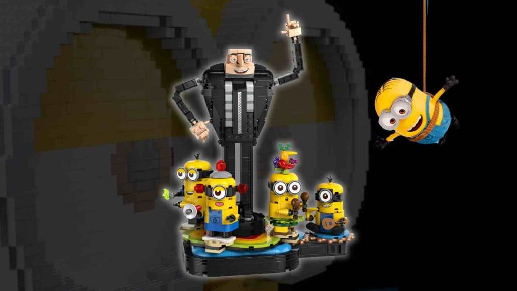 The LEGO Despicable Me 4 Brick-Built Gru and Minions on a black background with Minion graphics