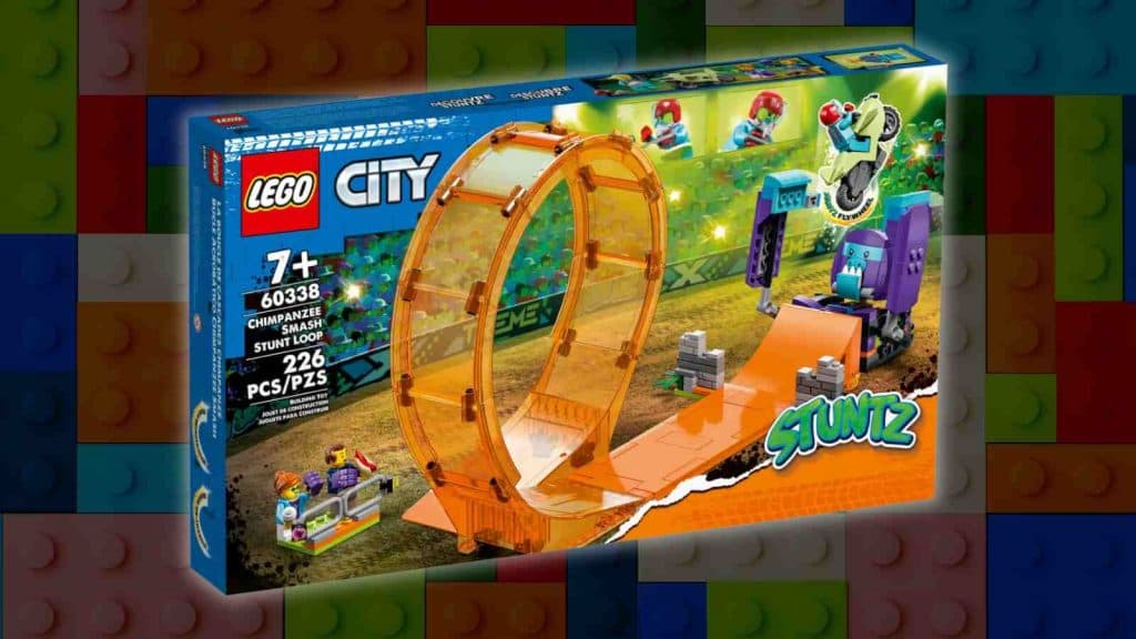 The LEGO City Smashing Chimpanzee Stunt Loop on a LEGO background