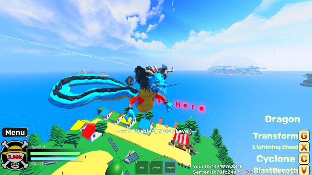 Player turned into a dragon with Dragon Fruit in A Piece on Roblox