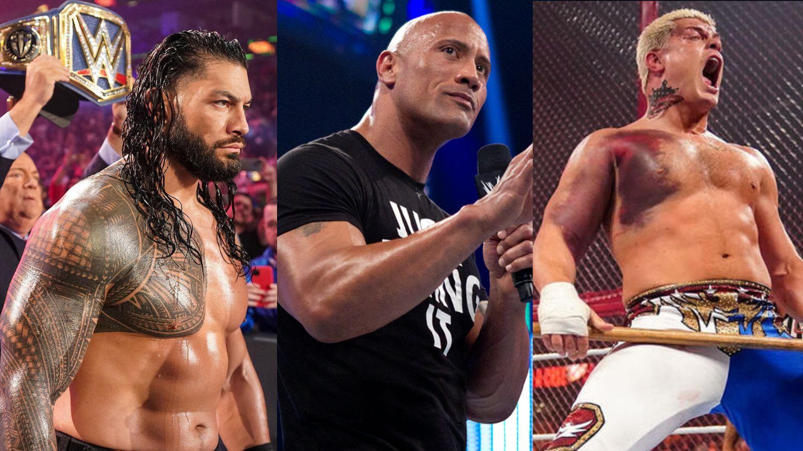 Roman Reigns (left) and The Rock (center) and Cody Rhodes (right) all in wrestling arenas at different times.