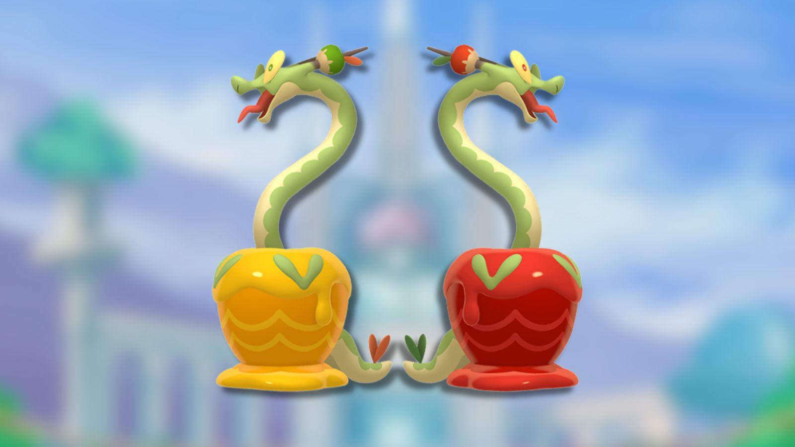 Hydrapple and Shiny Hydrapple with Pokemon SV background.