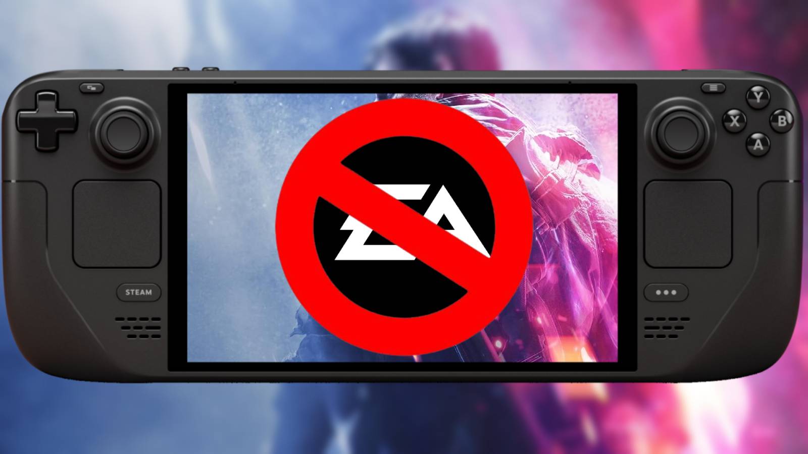 Image of the EA logo in a red, anti-smoking icon, with the Battlefield V art in the background on the screen of a Steam Deck.