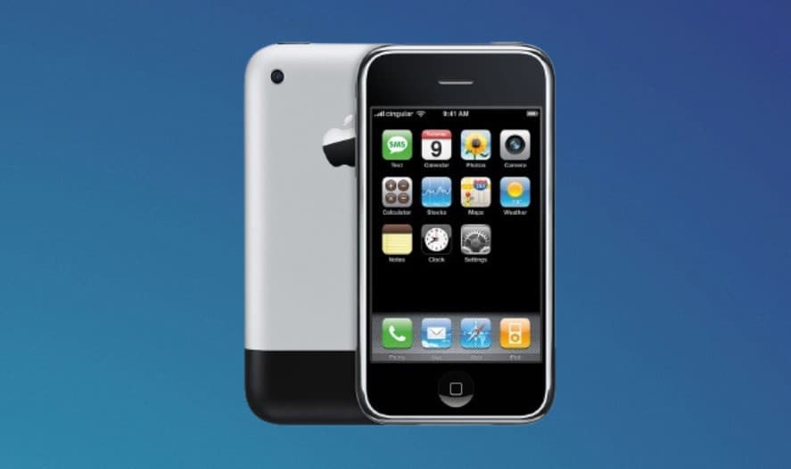 The original iPhone against a bluish background
