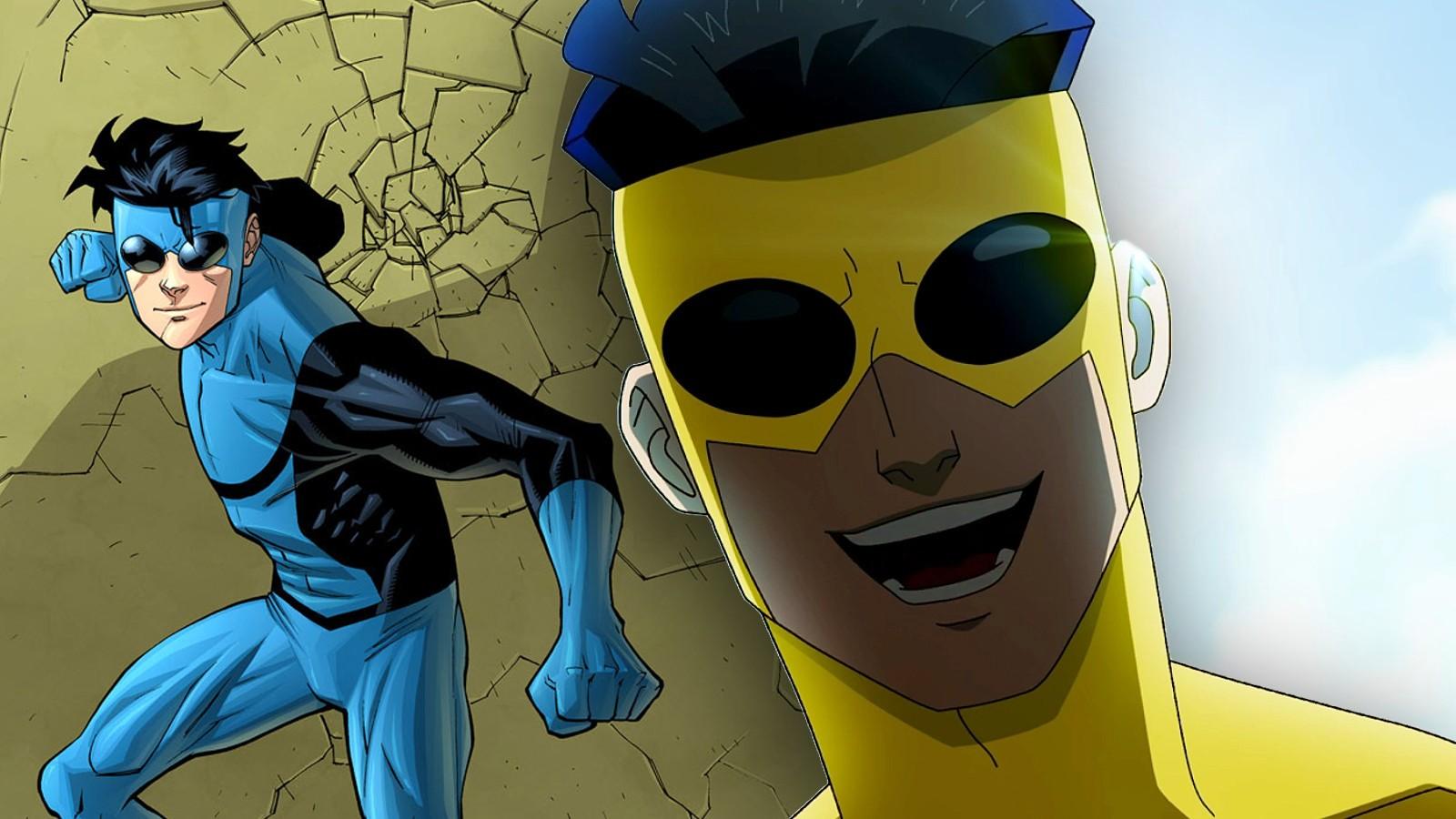 Invincible in his blue suit from the comics and an evil variant in Season 2