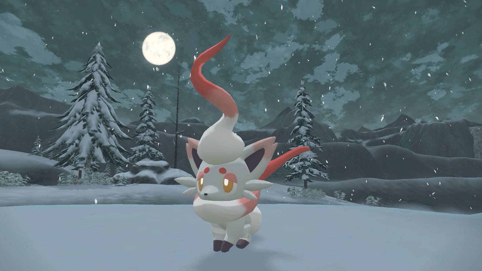 The Pokemon Hisuian Zorua is visible in the snow, taken from Pokemon Legends Arceus