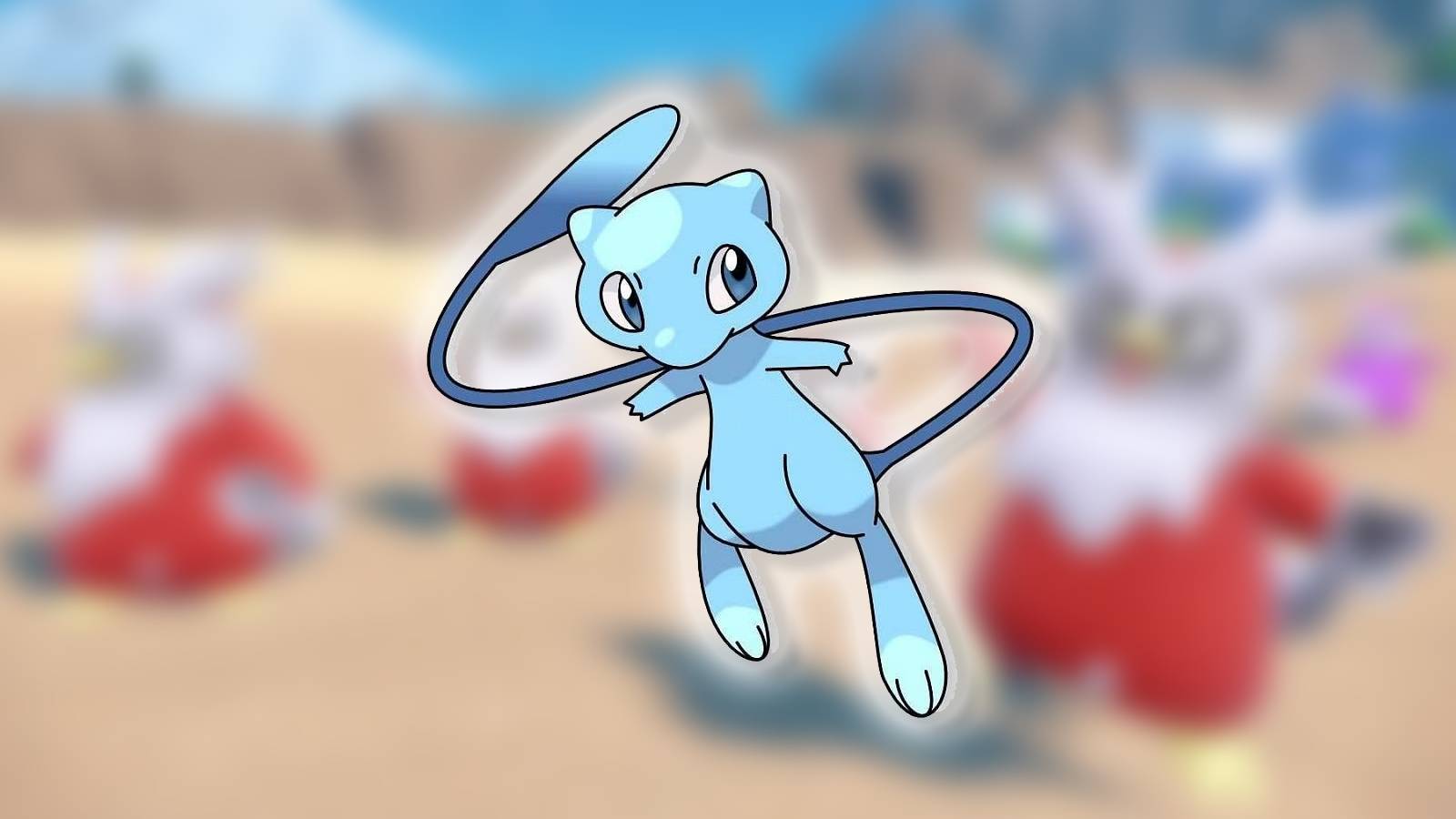A shiny version of the pokemon mew appears in front of a blurred background