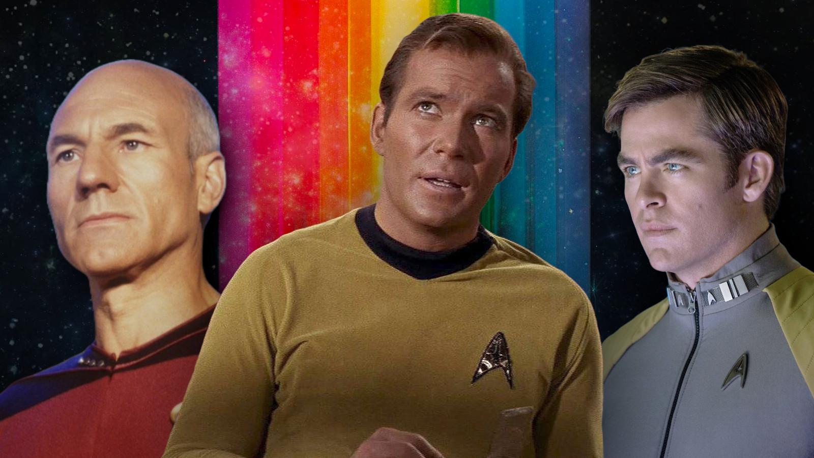 Patrick Stewart, William Shatner, and Chris Pine in their respective roles in the Star Trek timeline
