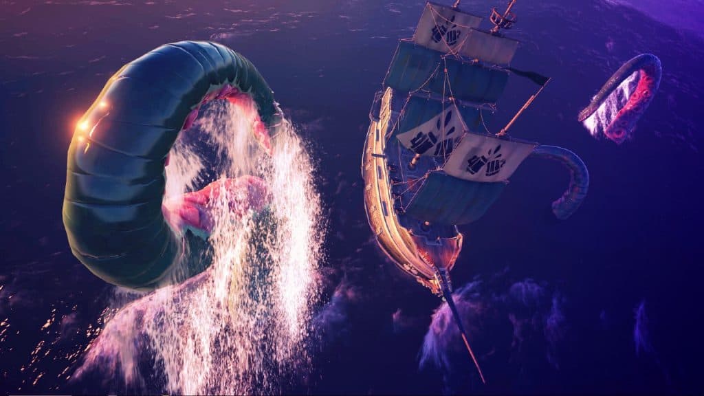 An image of Sea of Thieves gameplay featuring a Kraken attacking a ship.