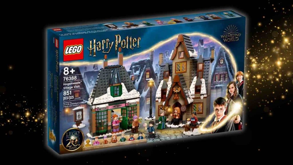 The LEGO Harry Potter Hogsmeade Village Visit on a black background with magic graphic