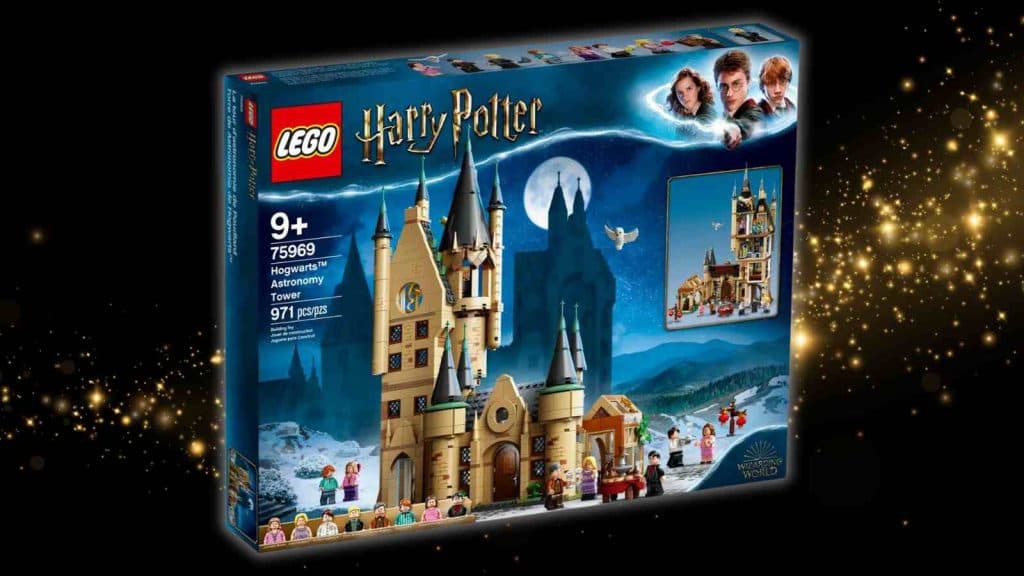 The LEGO Harry Potter Hogwarts Astronomy Tower on a black background with magic graphic